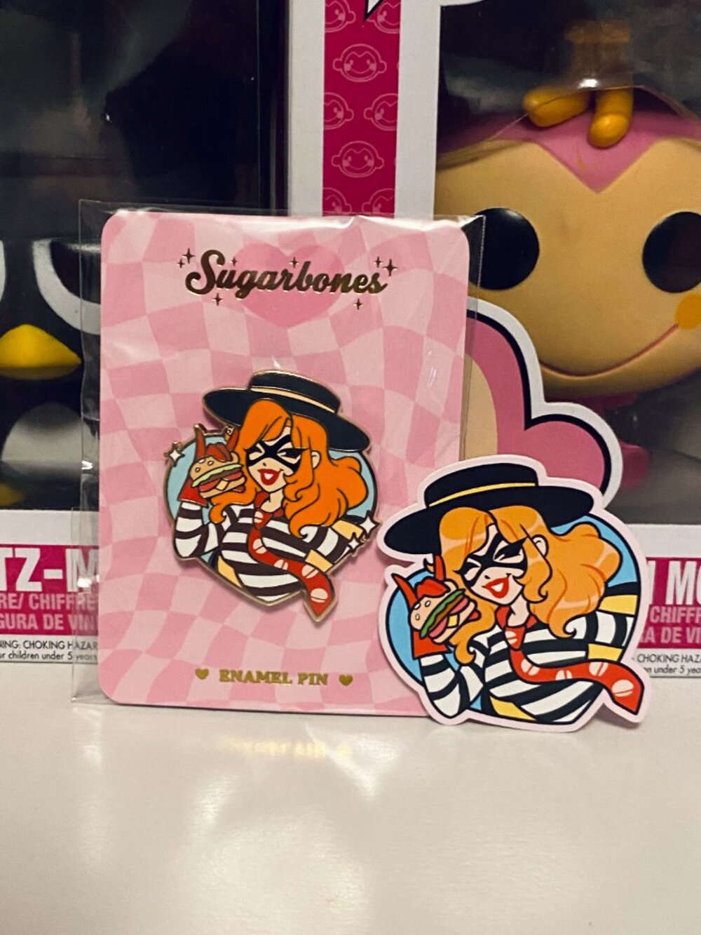 Sugarbones April 2024 Patreon Food Fight McDonald's Hamburglarette pin sticker